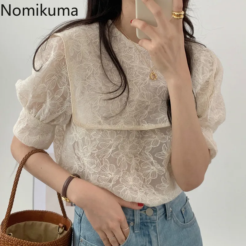 Nomikuma elegante moda giro para baixo camisa de colarinho padrão de flor manga curta blusa vintage ligeiramente transparente tops blusa 3b319 210514