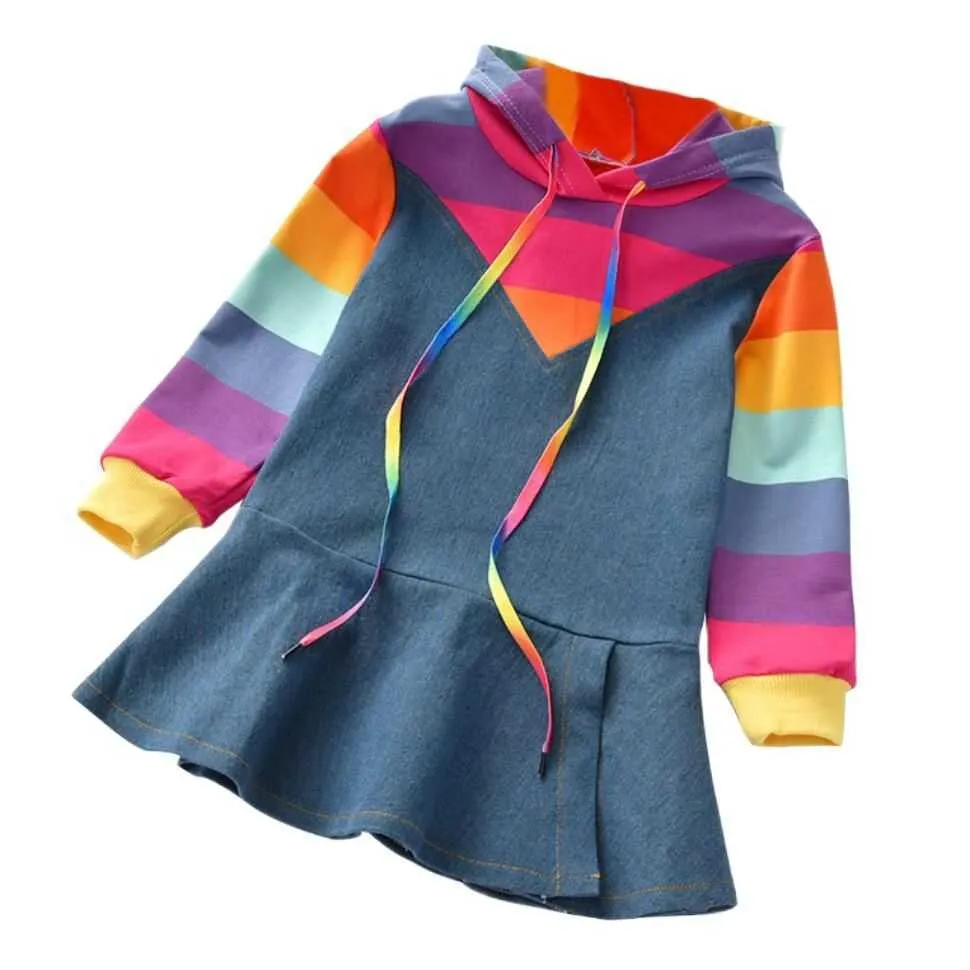 Meisje jurk nieuwe herfst kinderkleding lange mouw regenboog streep feestpakken meisjes 'denim hoodie kostuum baby kinderen jurk Q0716