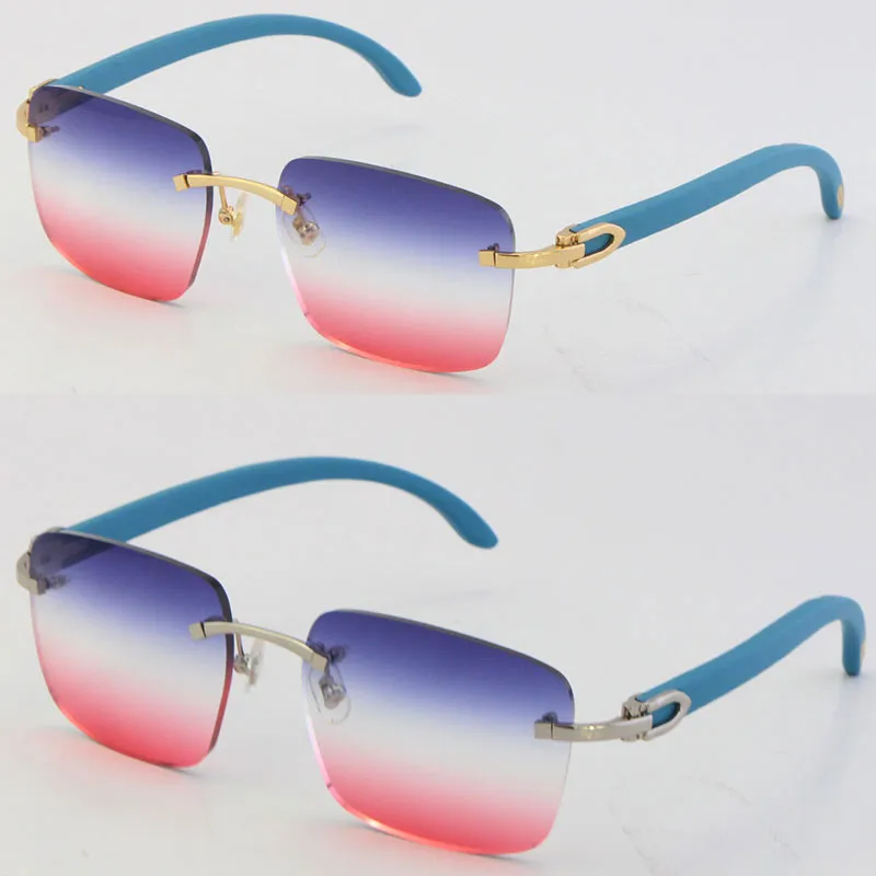 Wooden With C Decoration Glasses 18K Gold NEW Blue Wood Rimless Sunglasses Unisex Ornamental Light color lens driving Fashion Accessories Eyewear Size:54-18-140mm