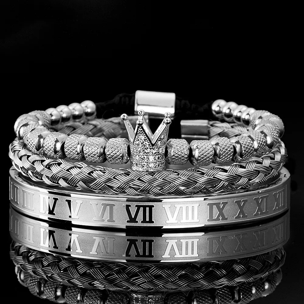 Set Di Braccialetti Uomo In Acciaio Inossidabile Placcato Oro 18K – Con Numeri Romani E Corona, Regalo Di Lusso