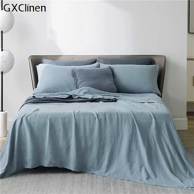 100٪ الكتان ورقة مسطحة 3 قطع أو المجهزة مع 2 وسادة حكيم الأخضر الفراش مجموعة الأغطية الكتان العضوية أغطية السرير غطاء السرير 211110