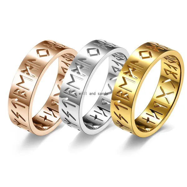 Brev Viking Hollow Rune Ring Band Finger Rostfritt stål Engagemang Bröllopsringar för män Kvinnor Hiphop Fashion Jewelry Will och Sandy