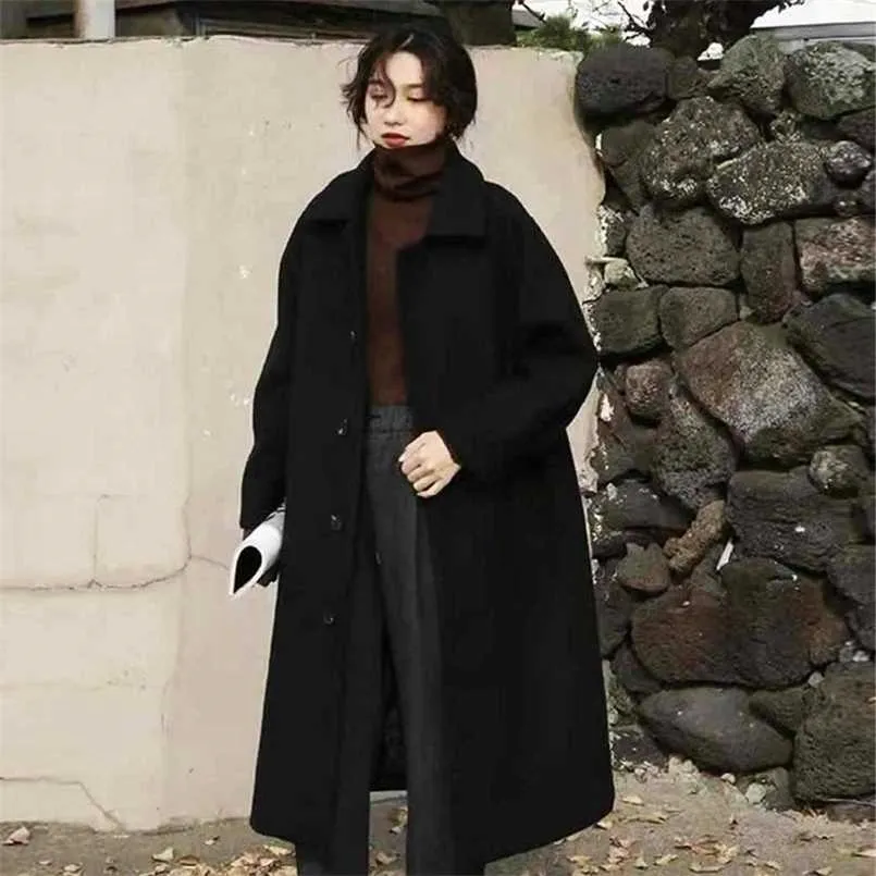 Wollmantel für Damen im koreanischen Stil, locker und dünn, mittellang, über dem Knie, Hepburn Wind, Winter und Herbst 211110