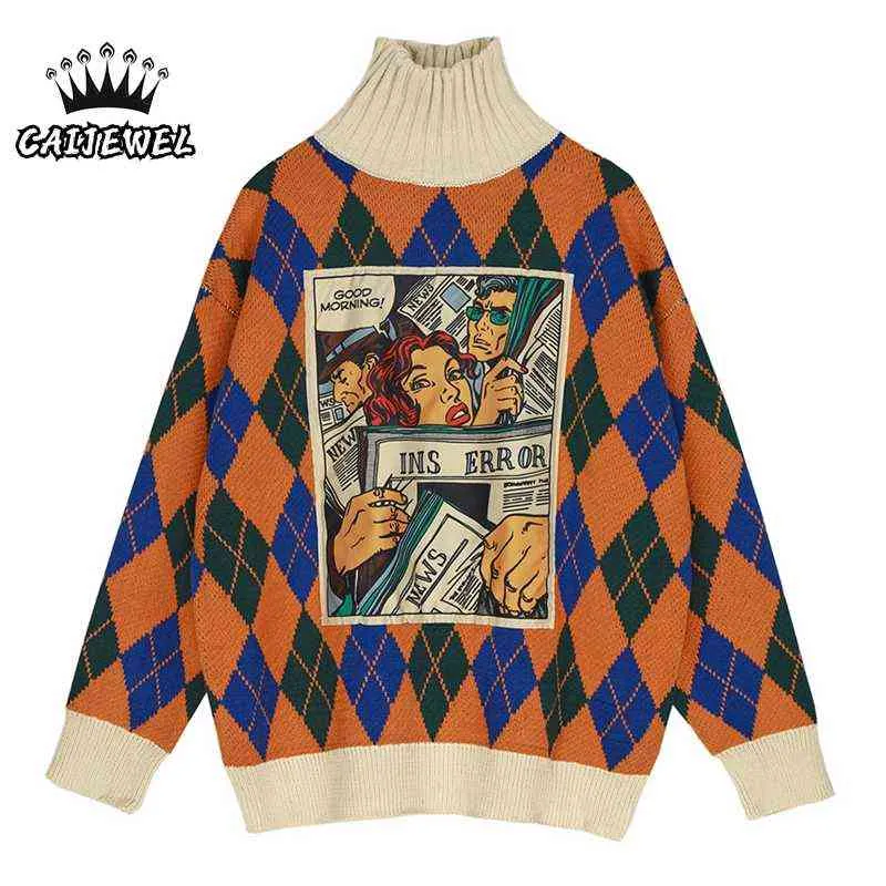 Vintage Plaid Women Sweater Autumn Cartoon Pattern Fashion Long Sleeves Knitted High Collar Baggy Female Tops Pullover Sweater Y1110