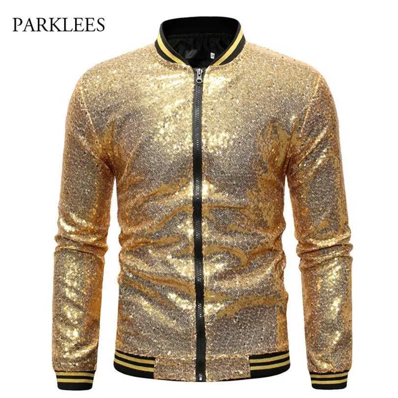 Shiny Sequins Sparkle Bomber Jacket Men est Gold Glitter Striped Zipper Mens Jackets And Coats Party Dance Show Clothes 211214