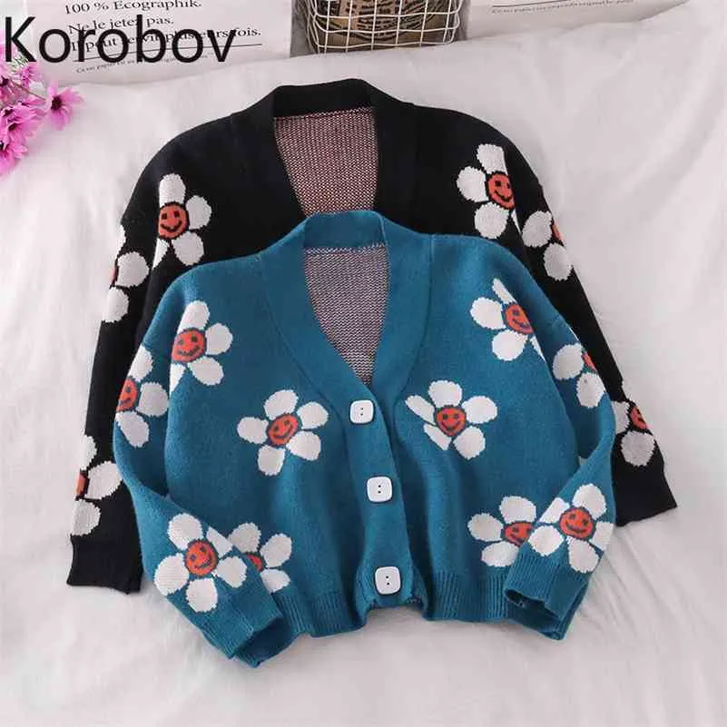 Korobov automne hiver nouvelles femmes pull Style Preppy col en V à manches longues Sueter Mujer coréen fleur femme Cardigans 210430