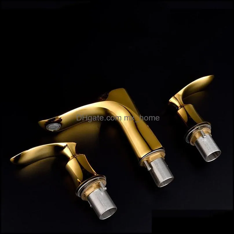 Luxury gold bathroom sink faucet Solid brass copper cold hot water basin mixer faucet three hole two handle golden basin tap