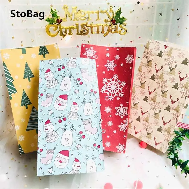 StoBag 24 pcs/Lot De Stockage De Noël Sacs En Papier Partie Bonbons Chocolat Emballage À La Main Cadeau Décoration Bonhomme De Neige Avec Des Autocollants 210602