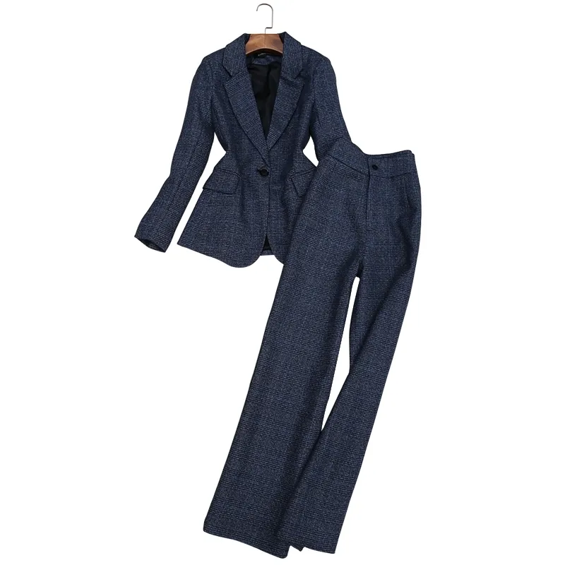 Högkvalitativ höst och vinter Kvinnors kostym Byxor Plaid Woolen Professional Wide Leg Kvinna 2-Piece Set 210527