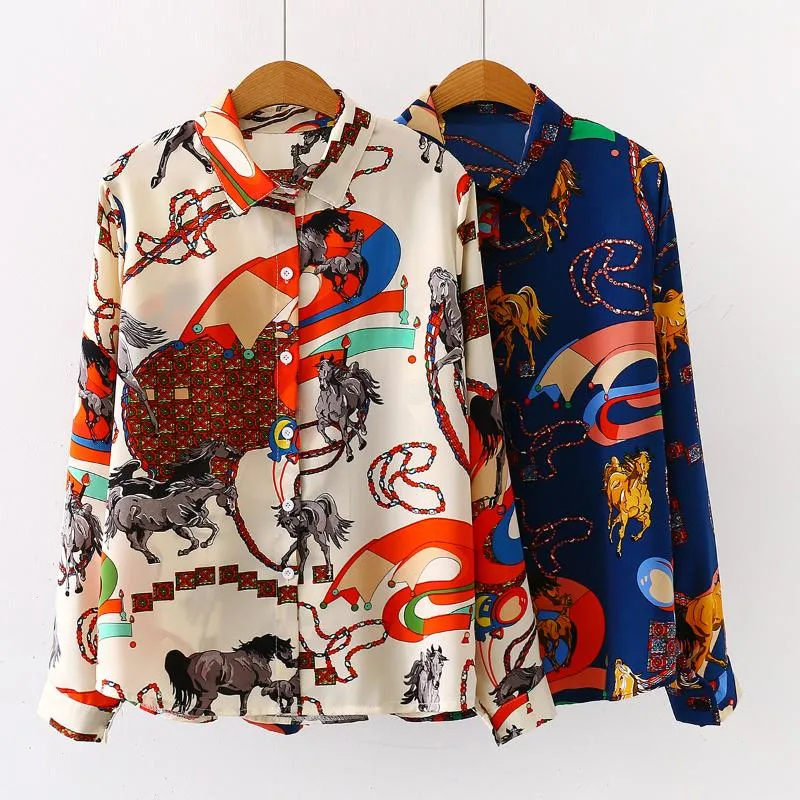 Women's Blouses & Shirts Casual Button Print Shirt Blouse Woman Autumn Fashion Long Sleeve Tops Women 2022 Blue Vintage Office Oversize Femm