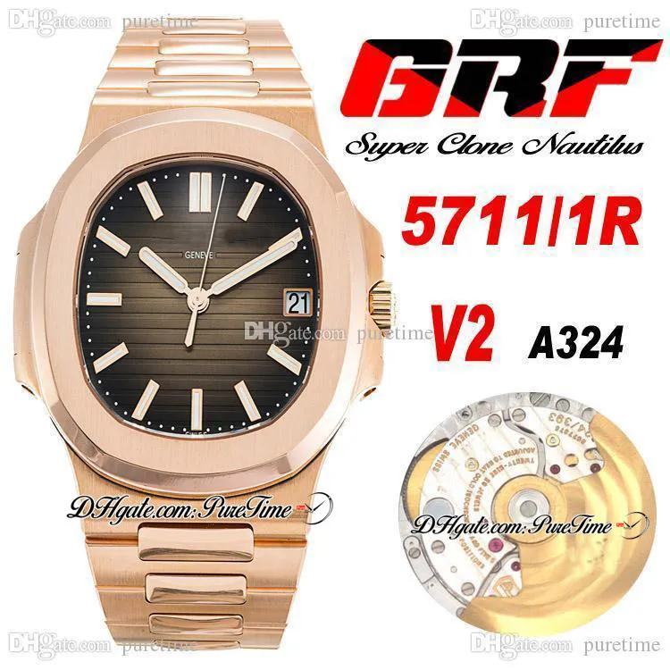 GRF V2 5711-1R PP324SC A324 Automatic Mens orologio oro rosa Grigio con texture quadrante in acciaio inox Braccialetto Super Edition 6 Stili Orologi Puretime F6