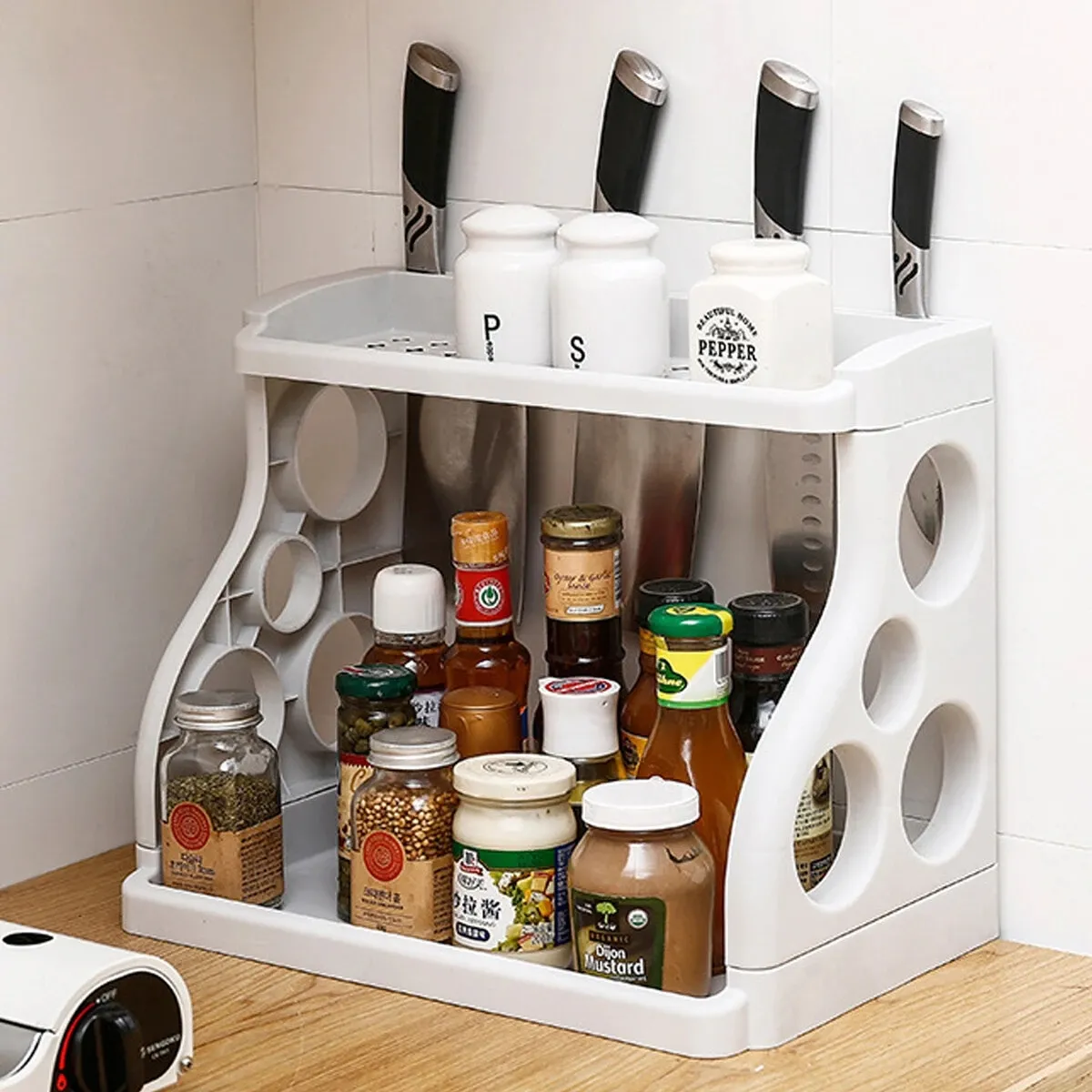 Scaffale da cucina, dispensa, barattolo di spezie, ripiani in plastica, organizer