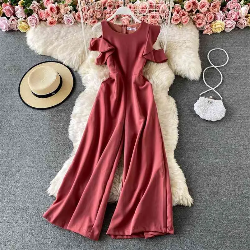 Summer Korean Round Neck Lotus Leaf Sleeve Jumpsuit Women's Slim Wide-leg C826 210506