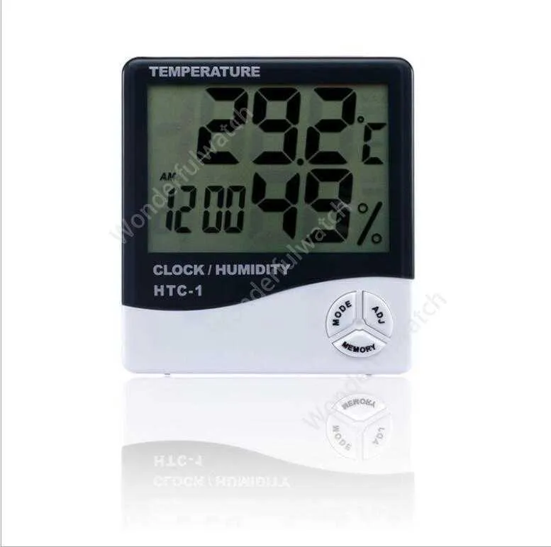 Digital LCD Temperatura Igrometro Orologio Misuratore di Umidità Termometro con Orologio Calendario Sveglia HTC-1 100 pezzi DAW292