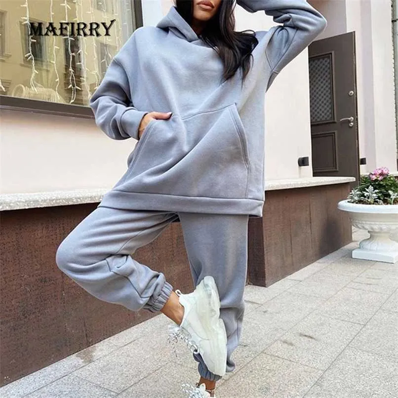 Kadınlar Polar Kapşonlu Tam Kollu Pantolon Loungewear Suit Bahar Sonbahar Katı Cep Elastik Bel Günlük Kıyafet Gevşek Streetwear 211116