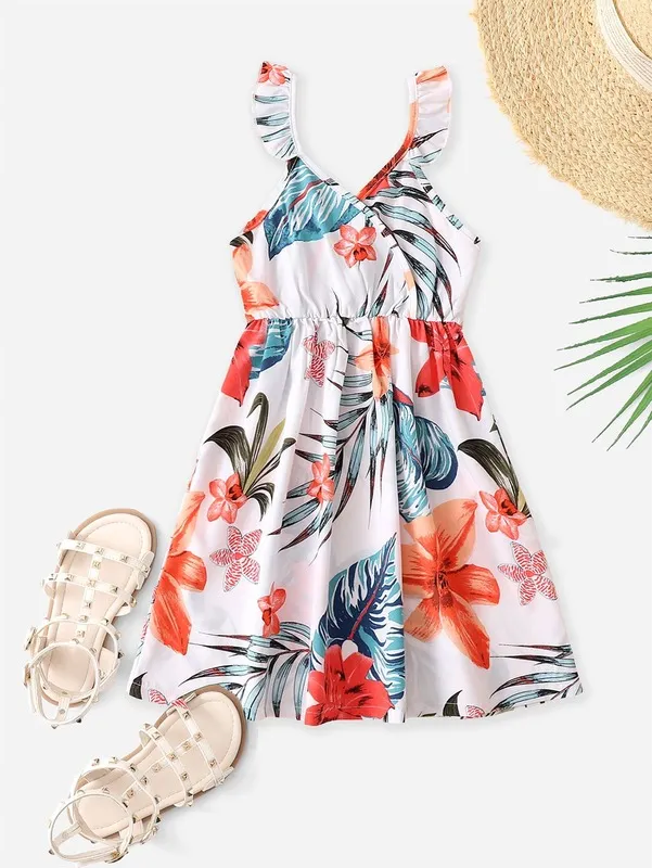 Toddler Girls 1pc Imprimé tropical Overlap Collar Ruffle Trim Cami Dress SHE