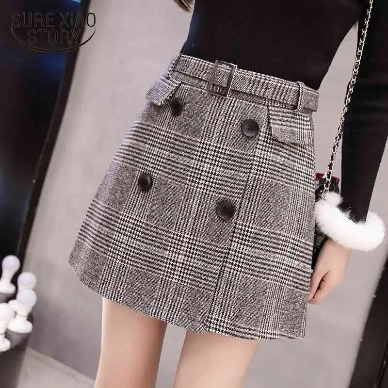 Feminin plaid kjol färg khaki med knapp mini koreansk a-line kvinna hög midja ullen saklog 1916 50 210508