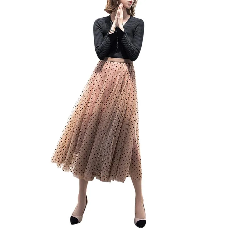Kjolar Kvinnors Fashion Polka Dot A-Line Sarong Vår Höst Casual High Waist Multi-Layer Splicing Tulle Kjol
