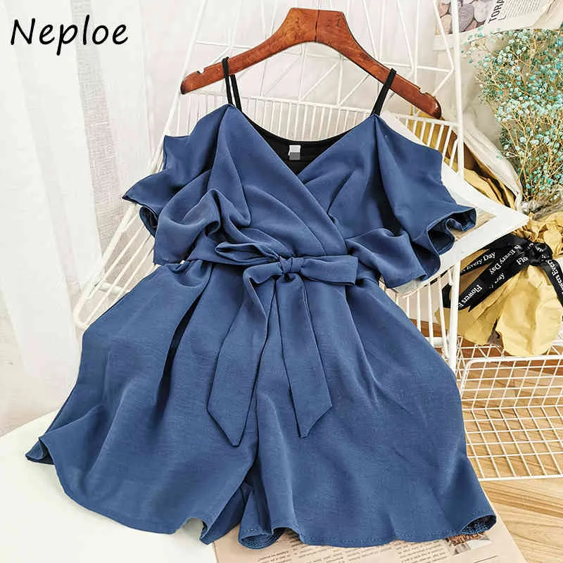 Neploe Women BodySuits Hongkong Style Sommar Sexig Camisole Shouldress Sashes Slim Wasit Chiffon Wide Leg Jumbsuits 82202 210423