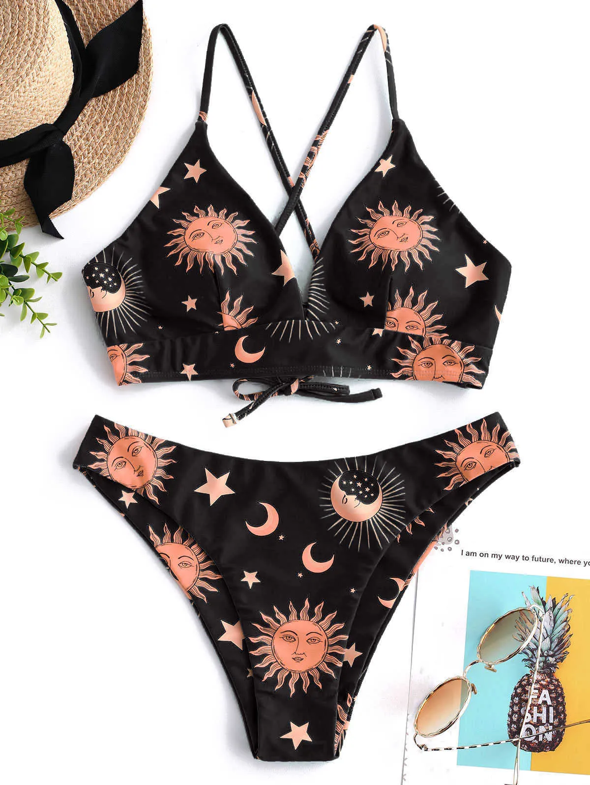 ZAFUL Star Sun Moon Lace Up Bikini Set Spaghetti Straps Wire Free