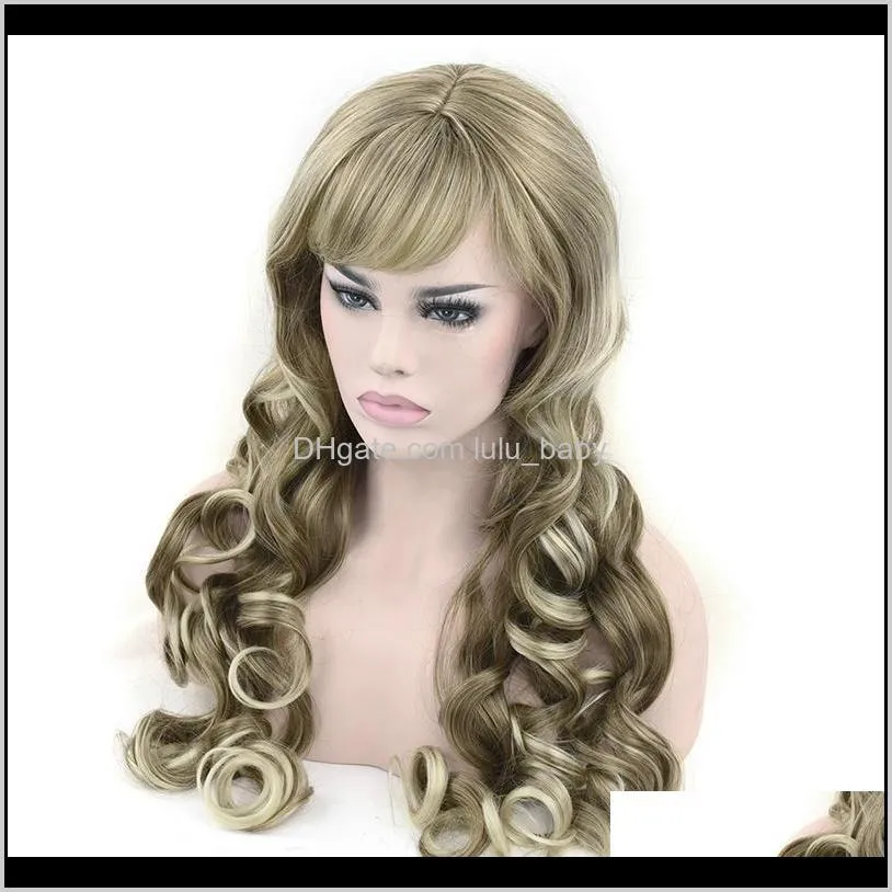 z&f 75cm 260g blonde and brown long big jerry curly wavy synthetic wigs nature hair with bangs for women