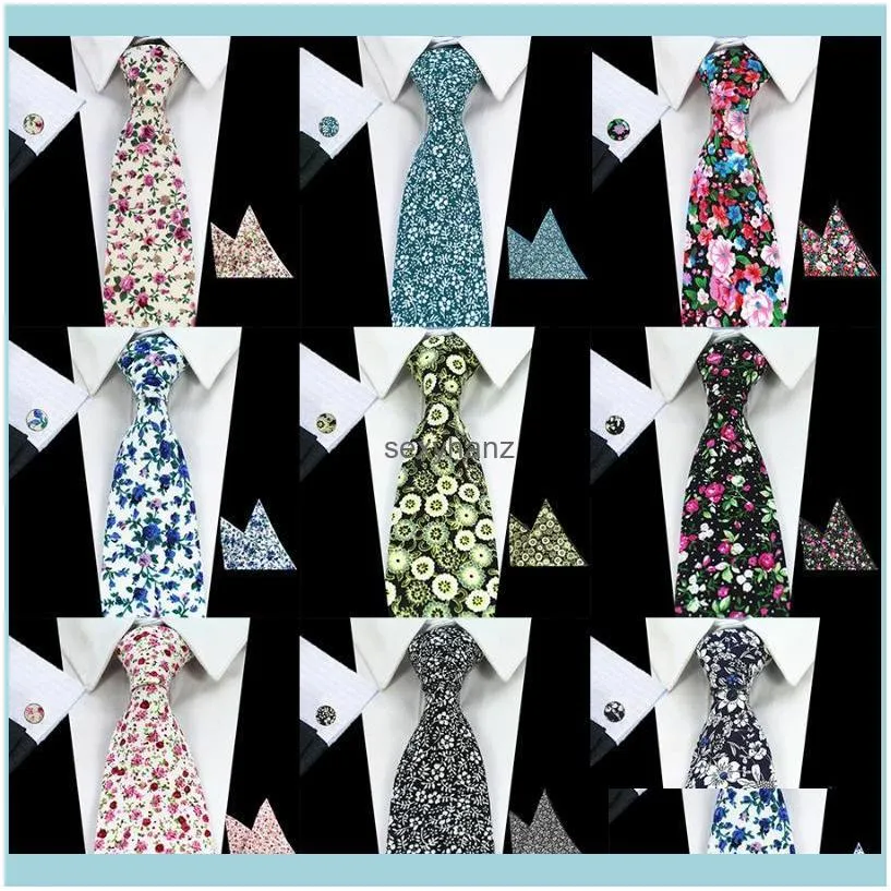 Mens New 8cm Classic Cotton Ties Fashion Retro Floral Ties Colorful Printed Party Neck Pocket Square Cufflinks Set