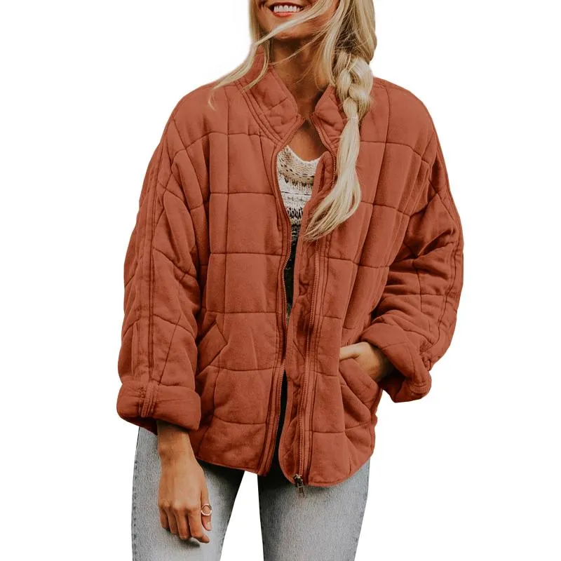 Women's Jackets Women Stand Collar Quilted 2022 Winter Long Sleeve Solid Color Full Zip Padded Warm Coats Plush Size S-2XL
