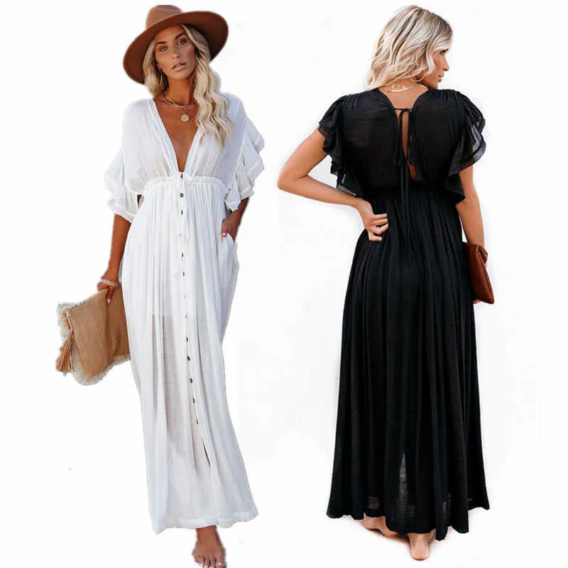 2021 Boho Beach Style Summer Women Solid Color Deep V Neck Maxi DrFemale BacklShort Sleeve Pleated A-line Casual Dresses X0621