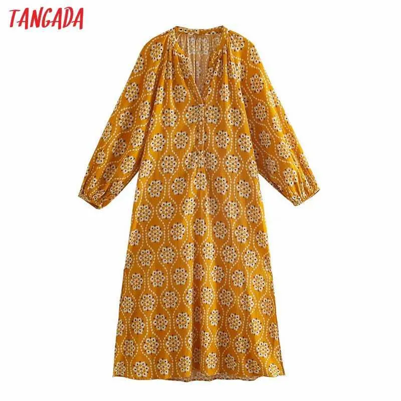 Tangada 패션 여성 노란 꽃 인쇄 대형 셔츠 드레스 긴 소매 숙녀 미디 드레스 5Z127 210609