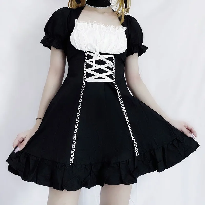 Qweek Women's Maid Dress Kawaii Lolita Outfit Costumes Cosplay Cosplay Bandagem Vestido Francês Uniforme Garçonete Vestido Buff Manga 210322