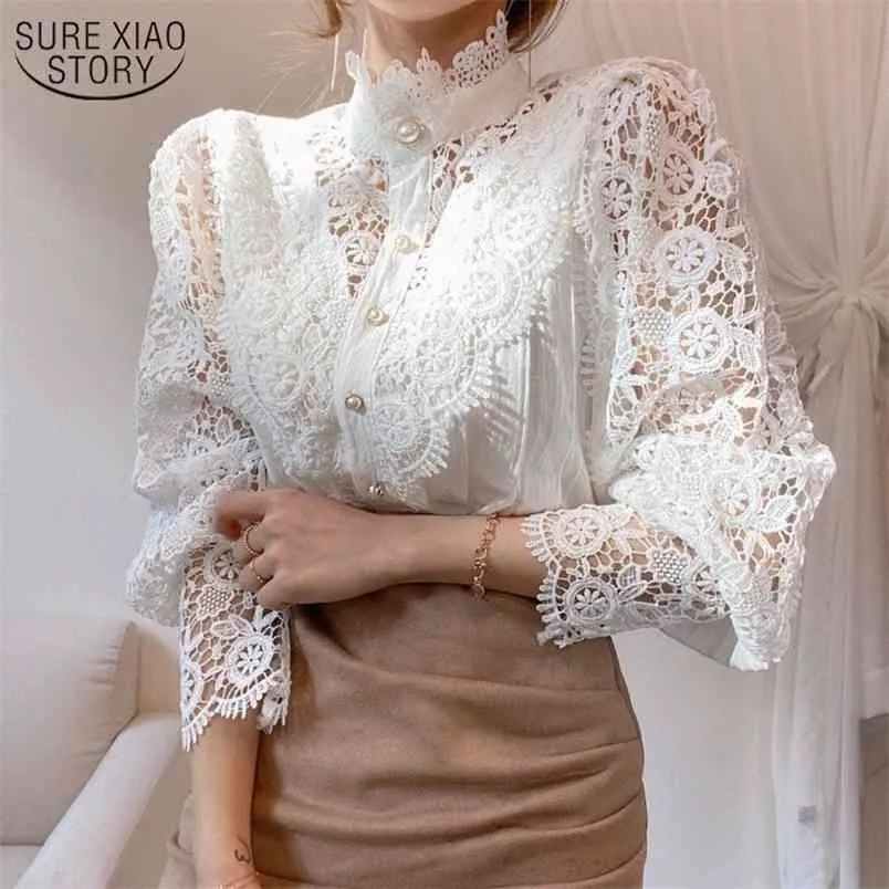 Coreano Chic Lace Blusa Mulheres Branco Patchwork Camisa Botão Escavado Para Fora Suporte De Flores Collar Blusas Petal Manga Blusas 12419 210506