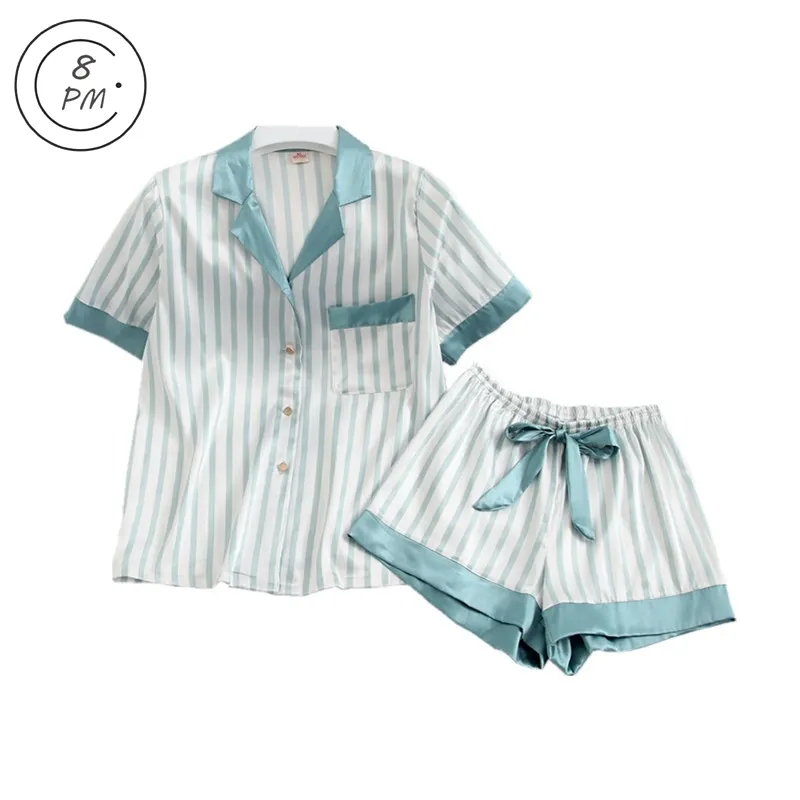 Women Ice Silk Pajamas Set Summer Fashion Stripe Nightwear Short Sleeve Shorts Homewear High Quality Silky Sleepwear ouc715 X0526