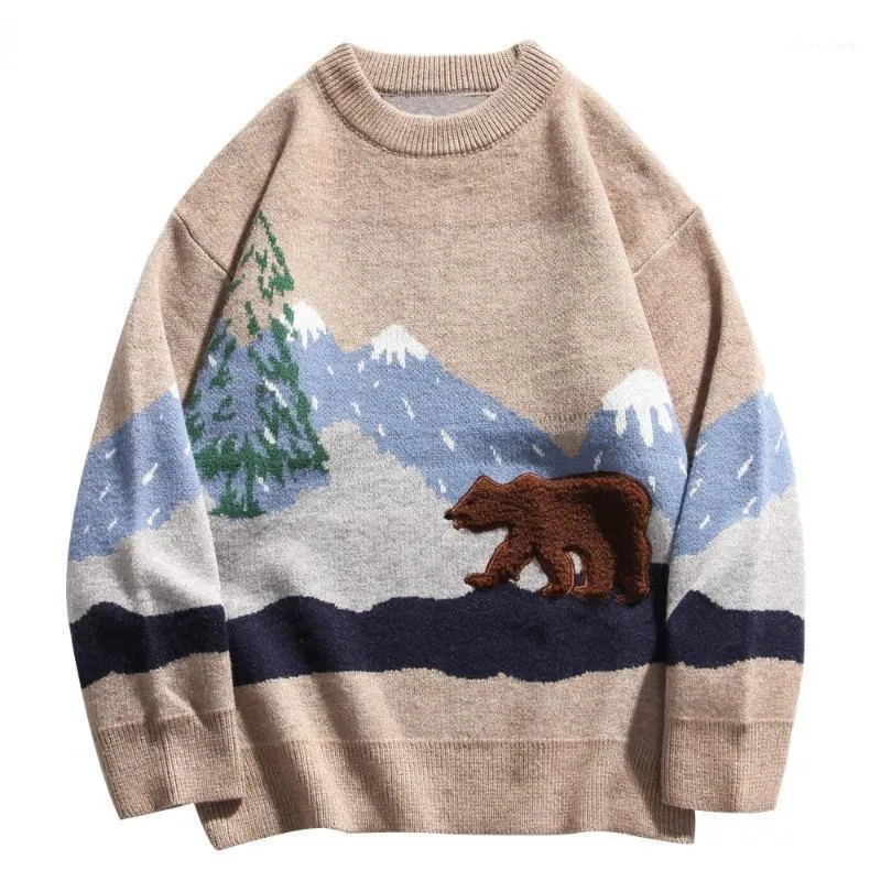 Pulls pour hommes Automne Snow Mountain Bear Patchwork Tricoté Jumper Streetwear Mens Hip Hop Harajuku Casual Knitwear Mode Tops en tricot