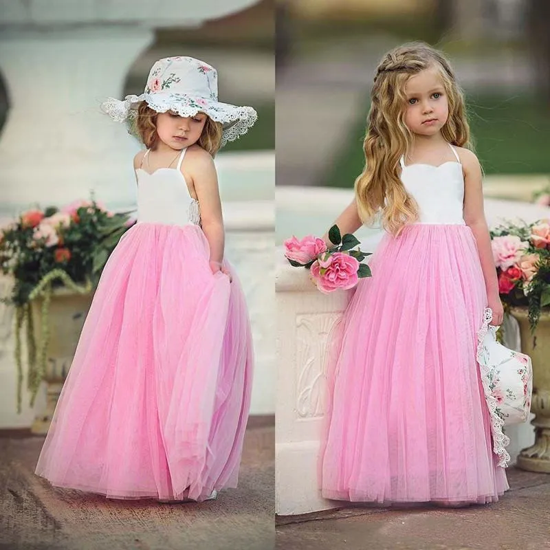Semplice rosa Boho Flower Girls Abiti Summer Beach Princess Dress Kids Baby Party Wedding Pageant Tutu personalizzato