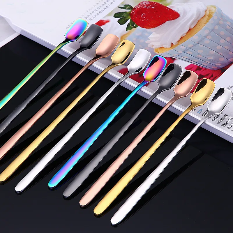 Stainless Steel Square Spoon Long Handle Coffee Cocktail Stirring Spoons Ice Cream Dessert Scoop Home Kitchen Supplies BH5141 TYJ