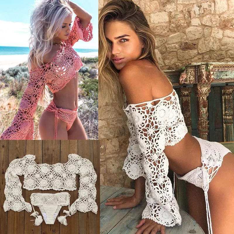 Hand Crochet Bikini Set Women boho Sexy cover up swimming trunks beach Swimwear festival clothing X0522