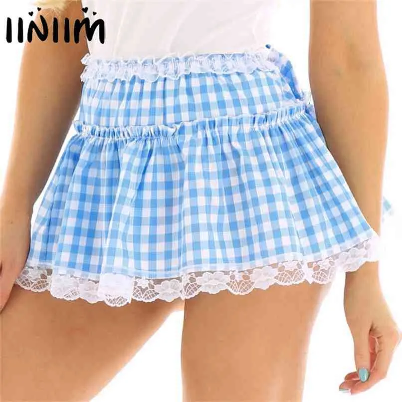 Män Kvinnor Sexig Clubwear Kostym Dance Kjolar Elastisk midjeband Kort med spetsar Hem Pläterad Gingham A-Line Mini 210619