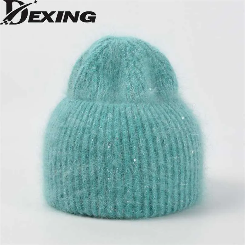 Kanin päls fluffig mjuk vinter hatt för kvinnor cashmere ull mössa kvinnliga stickade skullies mössor varmt knit bonnet grossist 211119