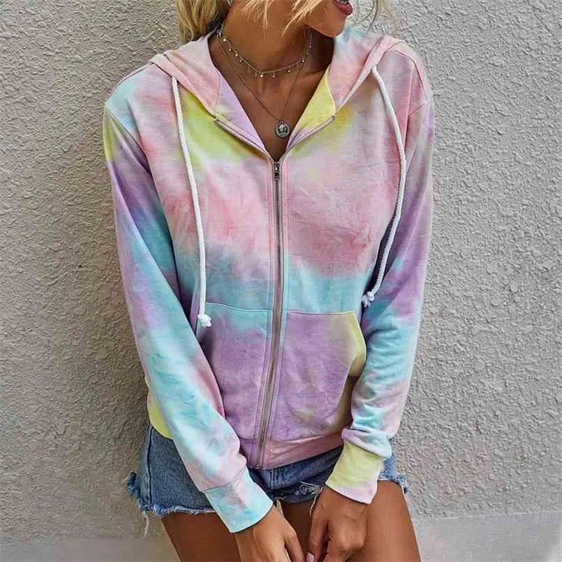 Winter Katoenen Pocket Jas Herfst Jassen Hoodies Dames Tie-Dye Gedrukt Zip Hooded Vrouwelijke Sweatshirt Harajuku 210508