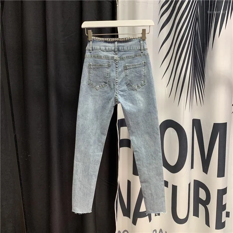 Jeans para mujer 2021 Primavera Verano Mujeres Remache de cintura alta con cuentas Harem Pantalones recortados Slim Denim Lápiz Pantalones Spodnie Damskie