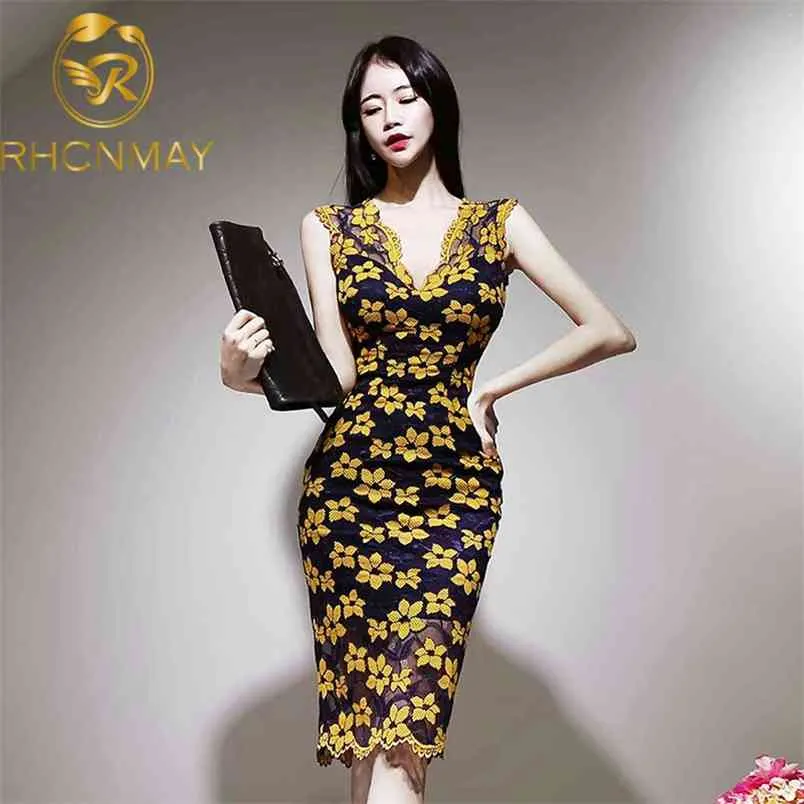 Koreanische Sommer Stickerei Floral Spitze Mantel Kleid Frauen gelb Sexy V-ausschnitt, Bodycon Aushöhlen Ärmellose Party 210506