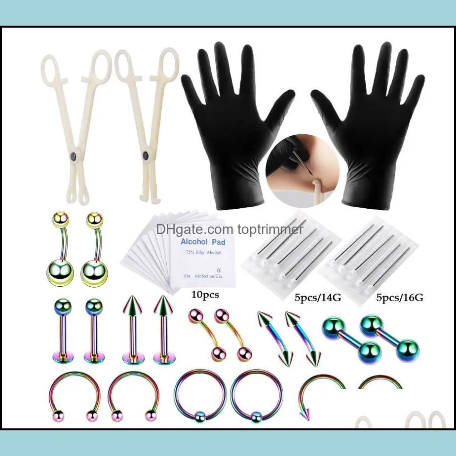 DHL Body Art Tattoo puncture tool set 42 pieces of lip nails eyebrow ear nails umbilical ring body perforation Piercing Kits But Min does