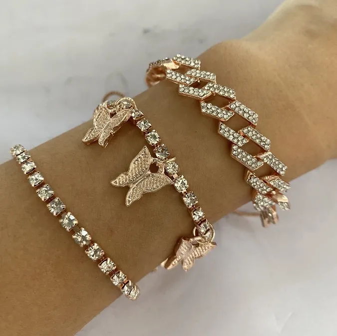 Ice Out Cuban Link Chain Tennis Bracelet Gold Ring Statement NecklaceRhinestone Crystal Butterfly Bracelet for Women Men Jewelry Set
