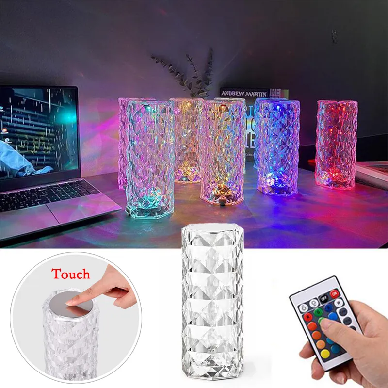 LED ロマンチックなローズクリスタルデスクライト USB 充電寝室バー装飾ナイトライト RGB リモコン投影テーブルランプ