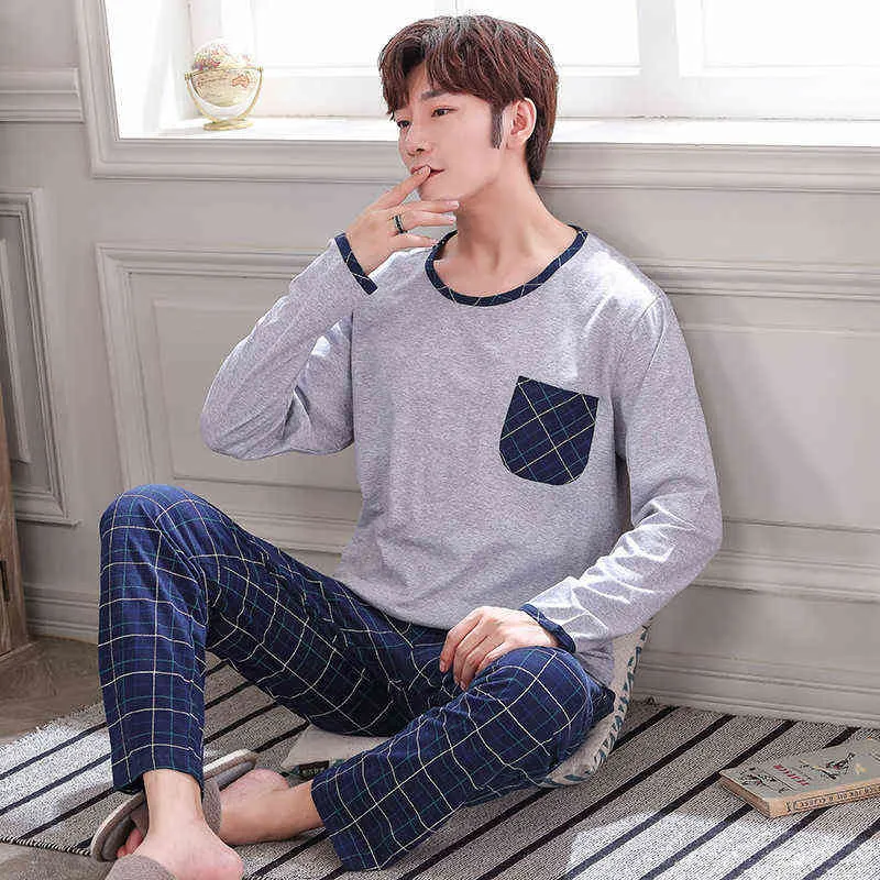 Plus Size 4XL Men's Pajamas Homewear Autumn Cotton Pajamas Set with Pants Male Sleepwear Long Sleeve Cotton Home Clothes for Men 211111