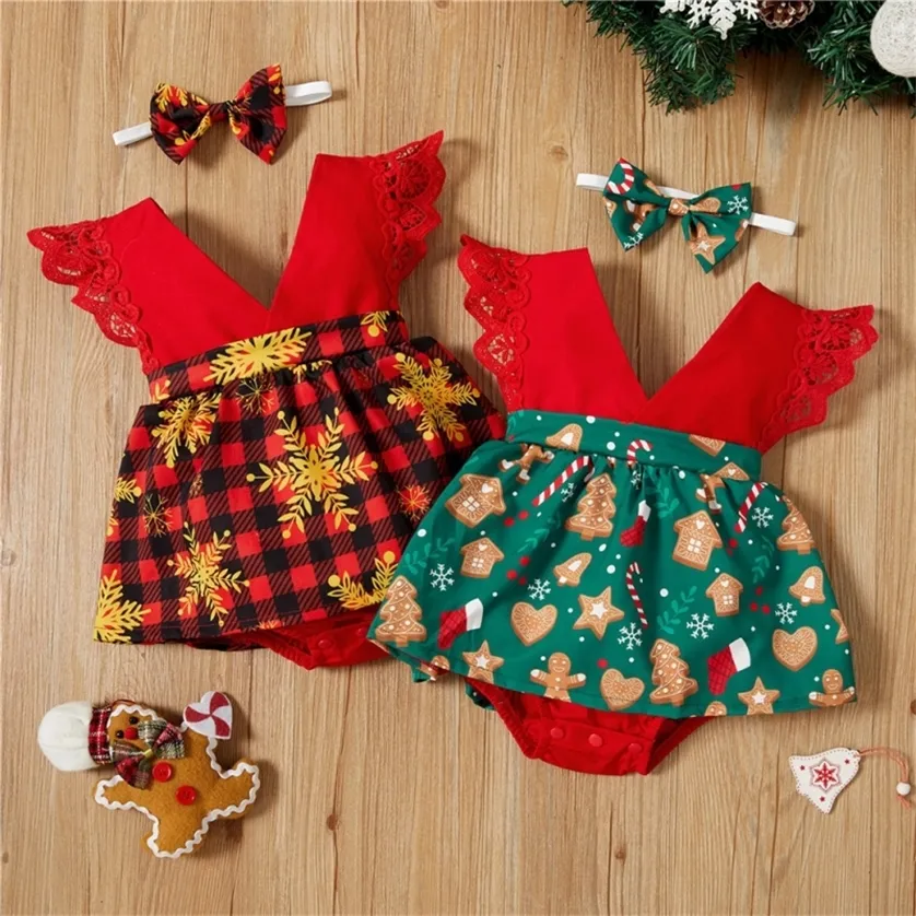 Baywell Noël né bébé fille vêtements dentelle à volants arbre de Noël imprimé combinaison bandeau 2 pièces tenues sans manches pour 0-18 mois 220211