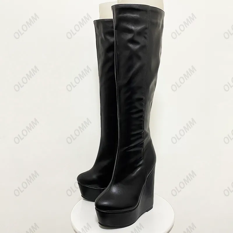 Olomm New Arrival Women Winter Platform Knee Boots Side Zipper Wedges Heels Round Toe Black Casual Shoes Women Plus US Size 5-20