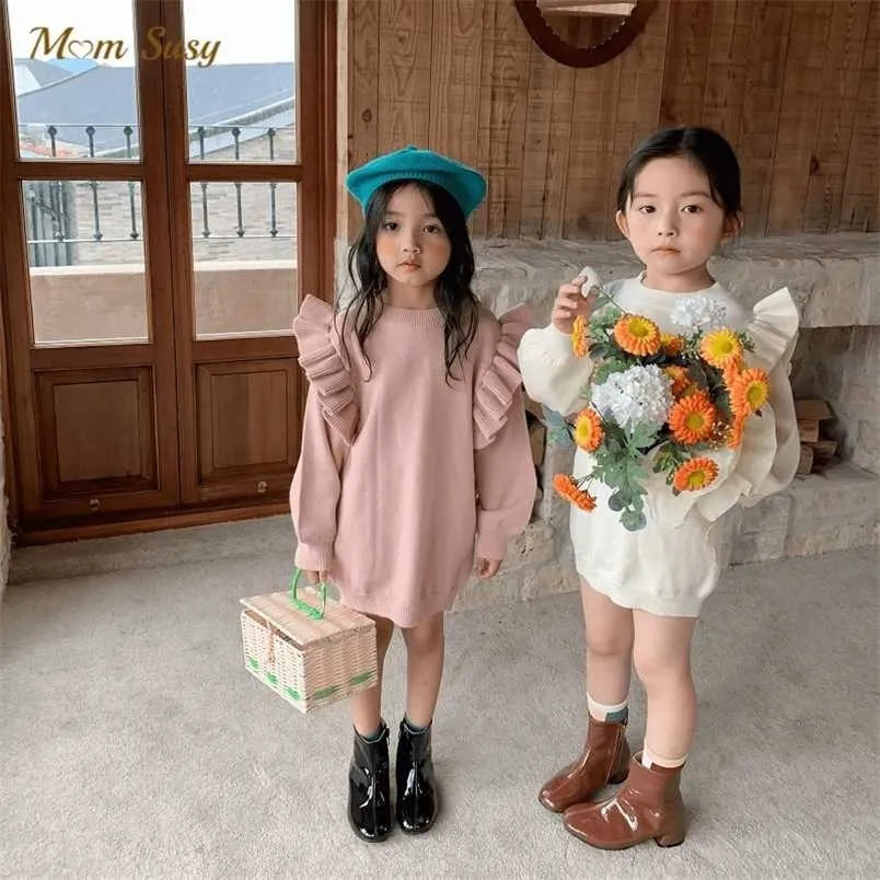 Baby Girl Princess Ruffle Sweater Dress Algodón Invierno Otoño Primavera Infant Toddler Knitted Long Outfit Ropa 1-7Y 211201