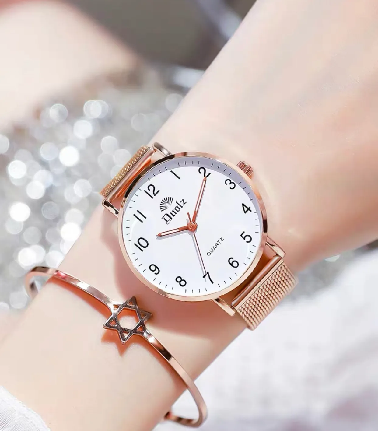 Watches, ladies, simple, quartz movement, round, fine steel strap, alloy case, mineral reinforced glass, stylish, elegant, compact,