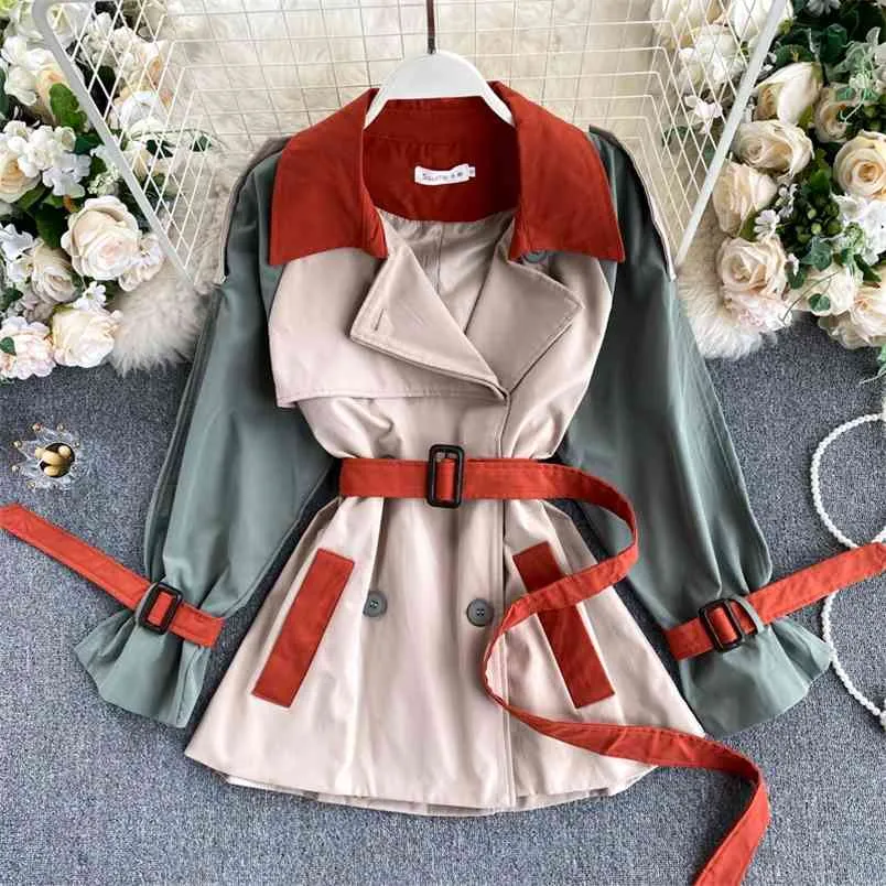 Automne Hiver Mode Long Trench-Coat Bloc De Couleur Patchwork High Street Casual Outwear Coupe-Vent Top Coréen Abrigo Mujer 210514